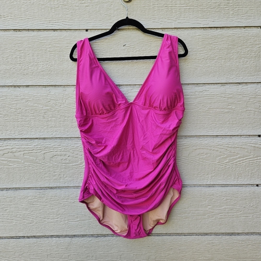 NWT J. Crew hot pink ruched v neck one piece bathing suit size 20